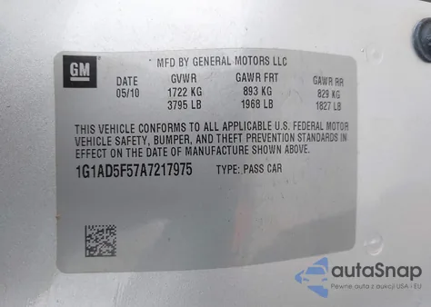 2010 Chevrolet Cobalt Lt from USA, damaged, VIN 1G1AD5F57A7217975